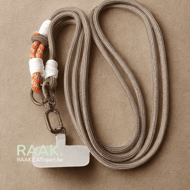 Taupe gekleurde lanyard met metalen clip en label op beige stoffen achtergrond