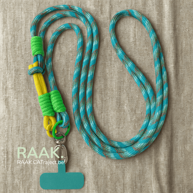 Blauwe en groene lanyard met knopen en telefoonhouder op stoffen achtergrond