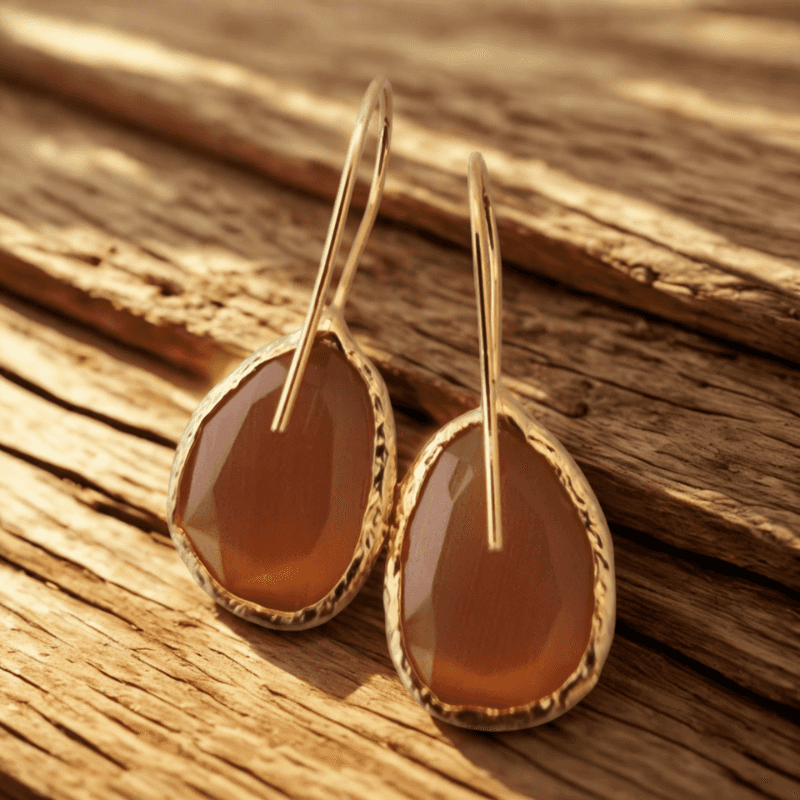 Gouden oorbellen met bruin gekleurde cateye stenen en uniek design