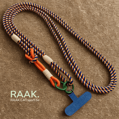 Kleurrijke draagkoord met telefoonhouder in oranje en blauw, duurzaam en unisex