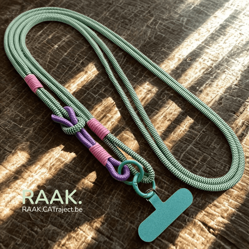 Stijlvolle groene en witte lanyard met telefoonhouder, perfect voor school en kantoor