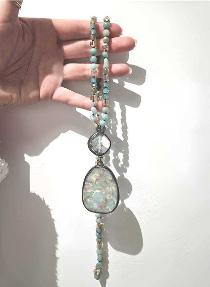 Kleurrijke bohemien halsketting met turquoise en parel
