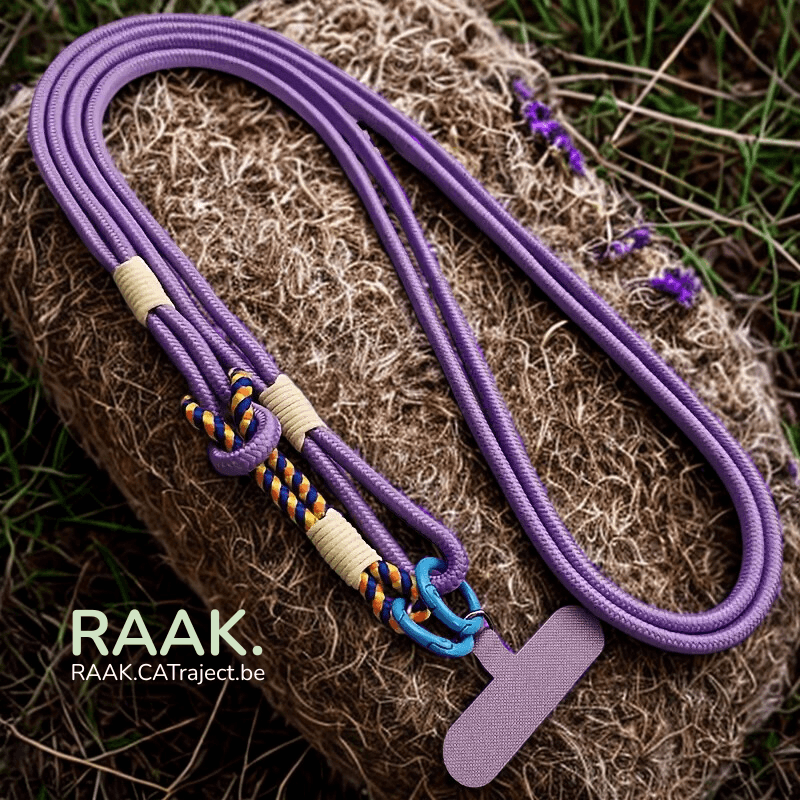 Paars gekleurde lanyard met kleurrijke knopen en telefoonhouder op natuurlijke achtergrond