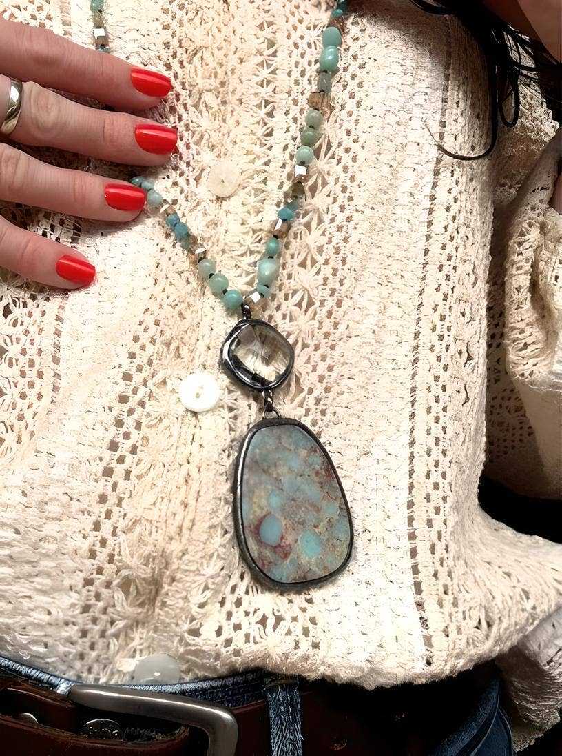 Bohemien turquoise ketting met handgemaakt natuursteen, sieraden, lange halsketting