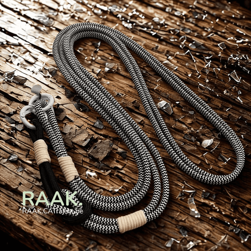 Verstelbare zwart-witte lanyard met telefoonhouder op houten achtergrond