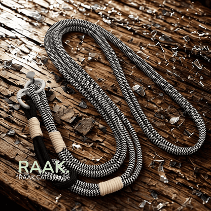 Verstelbare zwart-witte lanyard met telefoonhouder op houten achtergrond
