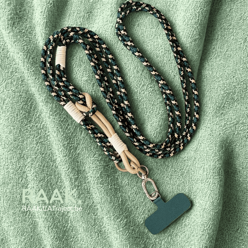 Zwart-witte geweven lanyard met telefoonhouder en sleutelhanger