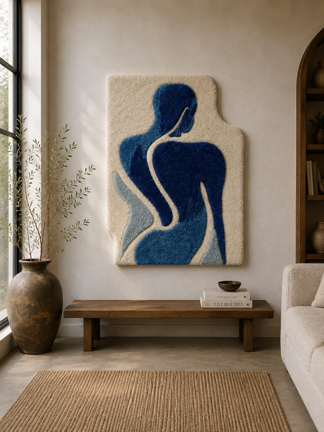 Blauw Lijf, handgetufte wanddecoratie in blauwtinten van Made by CAT, boven een houten bank in een interieur.