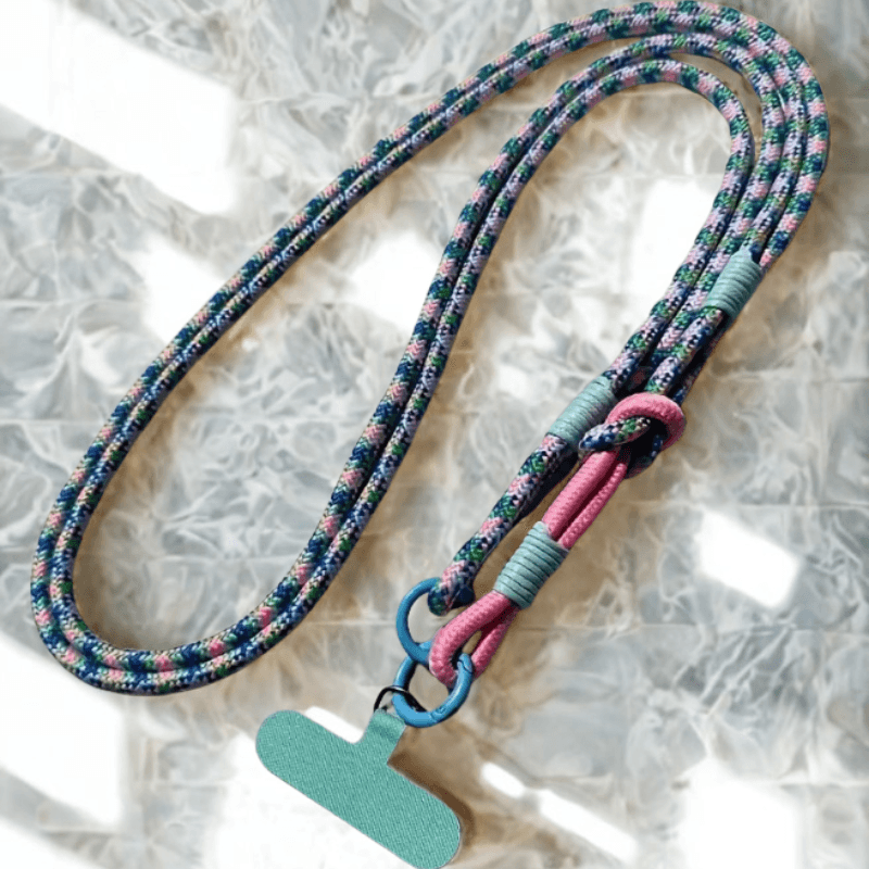 Multicolor gevlochten lanyard met clip en sleutelhanger, ideaal voor sleutels en telefoon