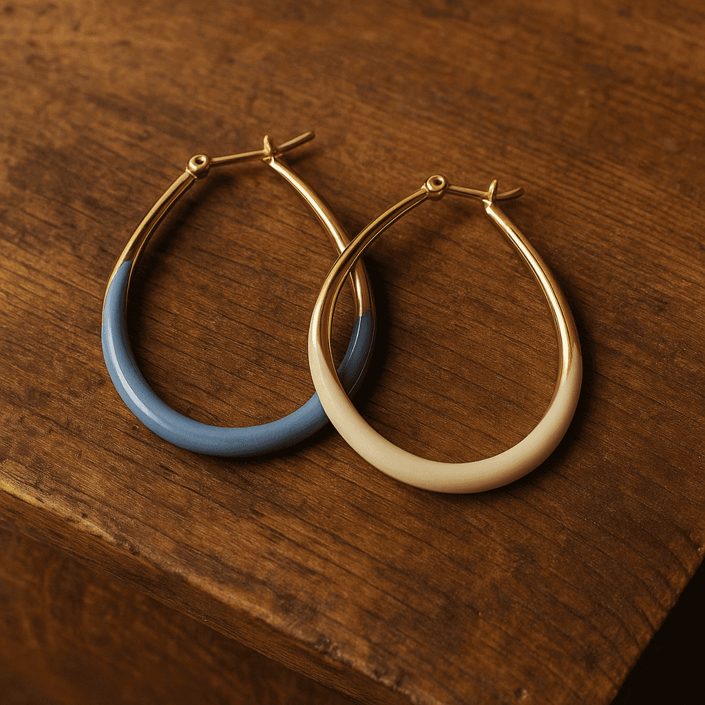 Gouden en blauw emaille oorbellen op witte achtergrond