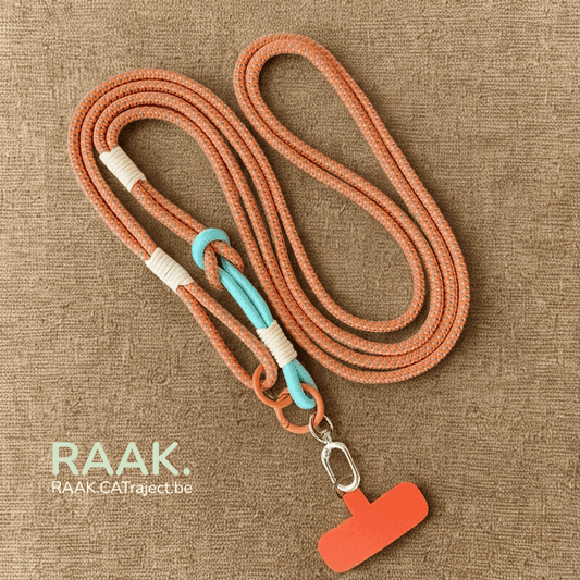 Oranje verstelbare lanyard met telefoonhouder en sleutelhanger