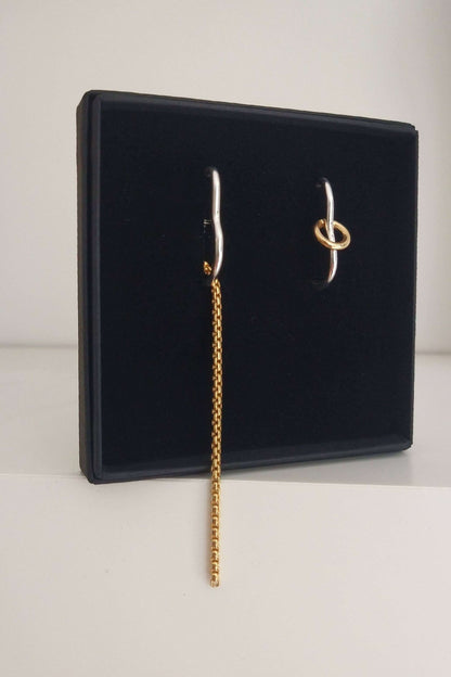Tweekleurige zilveren en gouden oorbellen set met ketting en ring, artisanale sieraden