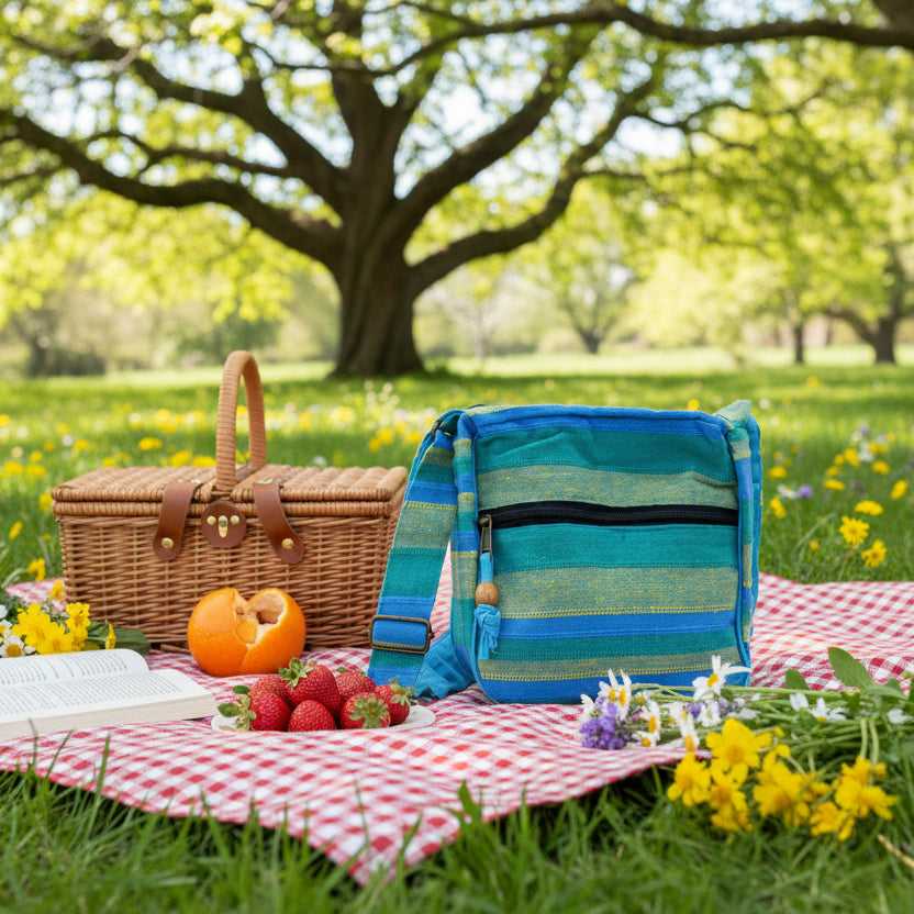 Kleurrijke picknicktas met rieten mand en bloemen in park