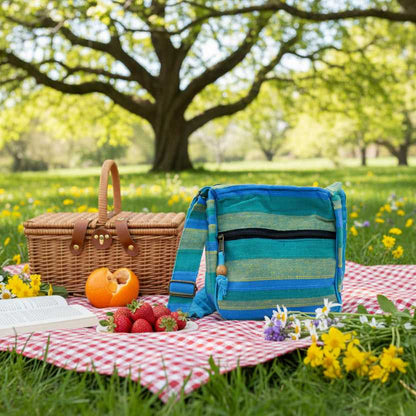 Kleurrijke picknicktas met rieten mand en bloemen in park