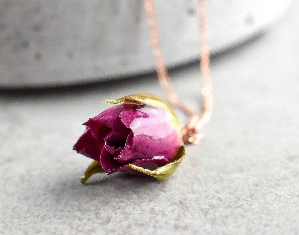 Botanische rozenknop halsketting, handgemaakt, sieraden