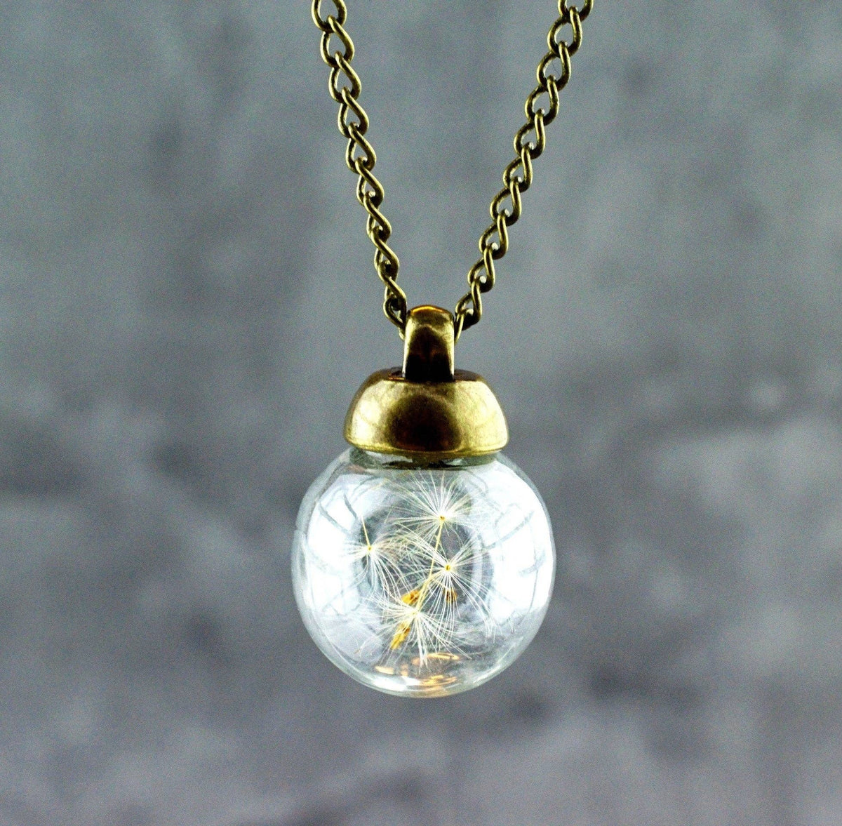 Close-up van de paardebloemzaad in glazen bol op bronzen ketting
